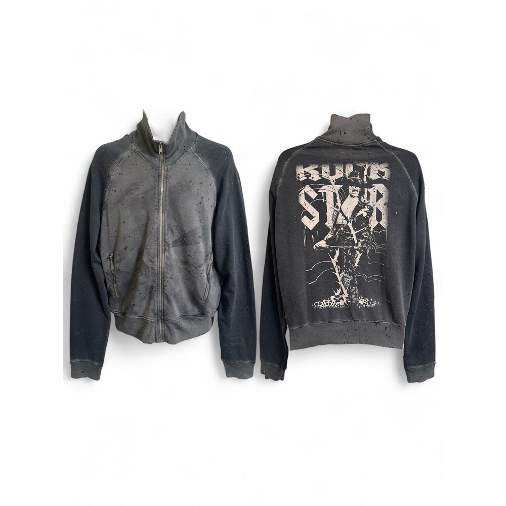 NWT Rockstar Sushi Mens M Fulll Zip Distressed Knit Jacket Back Print VF027 Gray